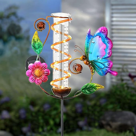 BAYN 36.3” Rain Gauge Outdoor Solar Powered 10 LEDs 7” Tube Garden Butterfly Metal Decorative Stake with Waterproof Large Glass Tube Rain Guage for Yard, Garden, Patio, Lawn
