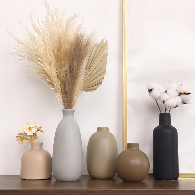 CUCUMI Ceramic Vase Set of 5, Home Decor Farmhouse Décor Handmade Pottery Vases for Pampas Grass, Dried Fresh Flowers, Table, Living Room, Kitchen, Shelf, Entryway Mantel Neutral Tones