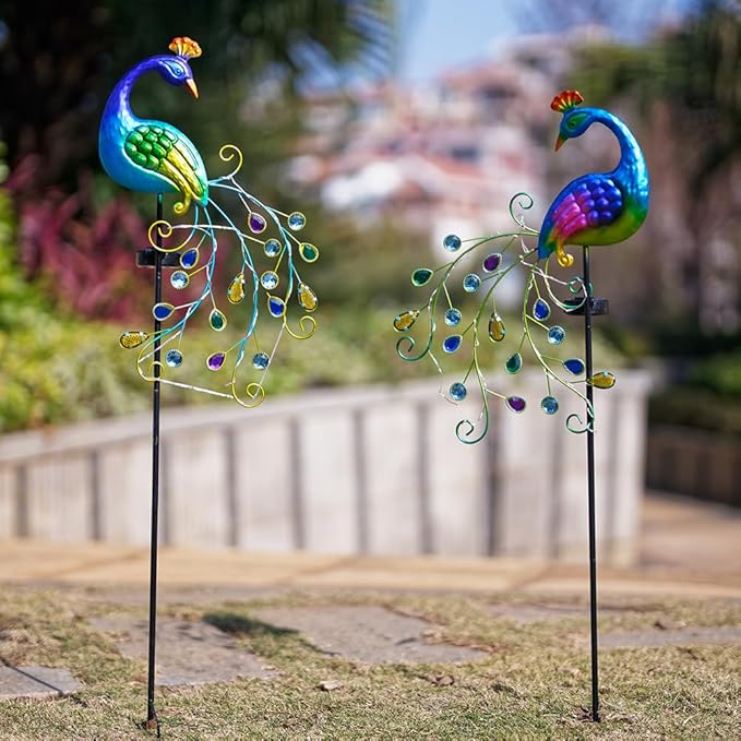 DREAMSOUL 2 Pack Peacock Solar Lights Outdoor, Waterproof Metal Peacock Outdoor Solar Lights for Yards Pathway Lawn Decoration Peacock Gifts