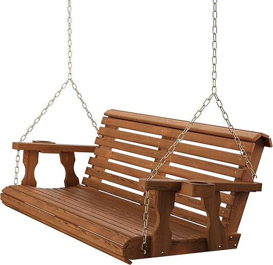 Amish Casual 5 Foot Roll Back Porch Swing with Cup Holders in Oak Stain - Amish Made in The USA from Treated Pine Heavy Duty 700 Lb. Weight Capacity