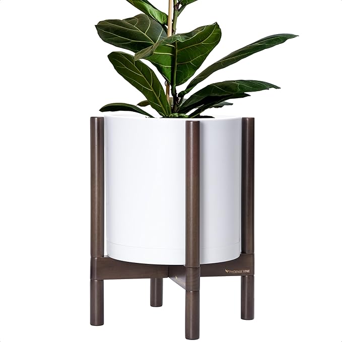 D'vine Dev Planter with Stand - 12 Inch Plastic Cylinder Flower Pot with Wood Holder for Indoor, Matte White Pot + Walnut Color Stand, 55-C-O-1