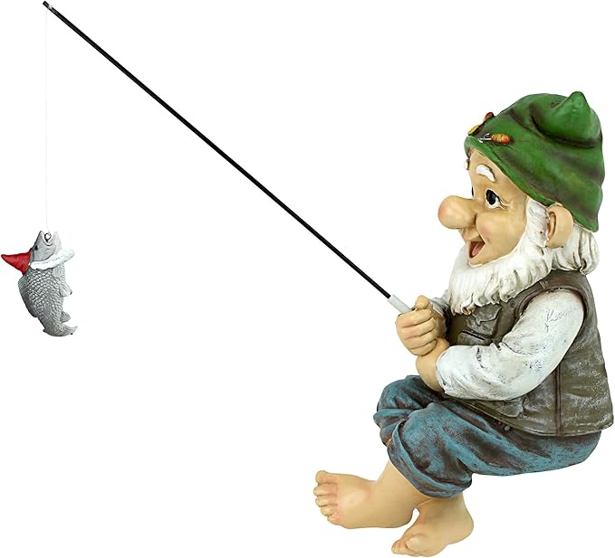 Design Toscano Ziggy with Fishing Pole Garden Gnome Indoor/Outdoor Shelf Sitter Statue, 9 Inch Tall, Cast Stone Resin, Full Color Finish