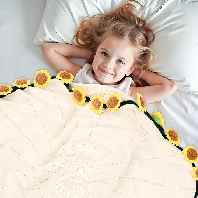 Sunflower Gifts for Women-Teacher Appreciation Gifts-Sunshine Teacher Friend Mom Sister Grandma Birthday Retirement Gifts,Thank you,Get well, Sunflower Crochet Flower Bouquet Blanket 43 Inches