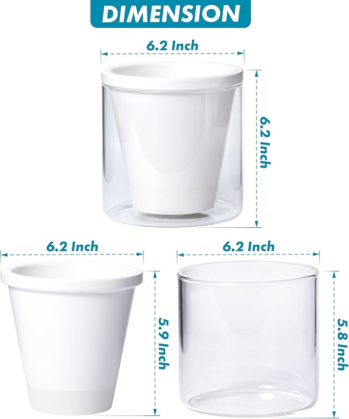 D'vine Dev 6 Inch Design Self Watering Planter for Indoor Plants, White Terracotta Pots with Cylinder Glass Cup, 37-X-B-2