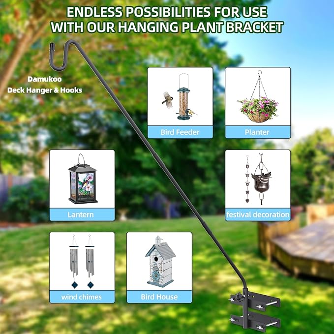Deck Hook-Deck Railing Plant Hanger Outdoor,Bird Feeder Hanger for Deck Railing W/Non-slip Pads, Fence Shepherds Hooks Bracket for Hanging Hummingbird Feeder,Planter,Flower Baskets-360°Rotating Pole