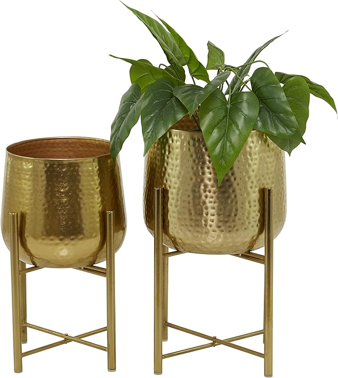 CosmoLiving by Cosmopolitan Metal Indoor Outdoor Planter Deep Recessed Hammered Dome Large Planter Pot with Removable Stand, Set of 2 Planters 17", 19"H, Gold