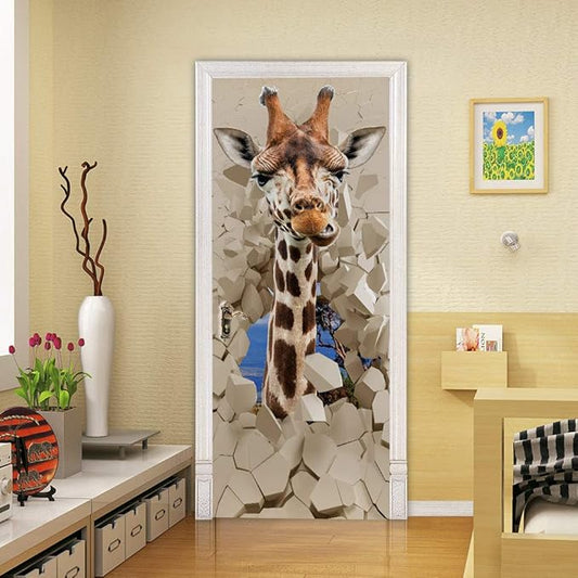 Giraffe 3D Door Sticker Mural - Waterproof PVC, Peel & Stick, Removable, Self-Adhesive Decals for Bedroom, Living Room Decoration - 30.3 x 78.7 inch
