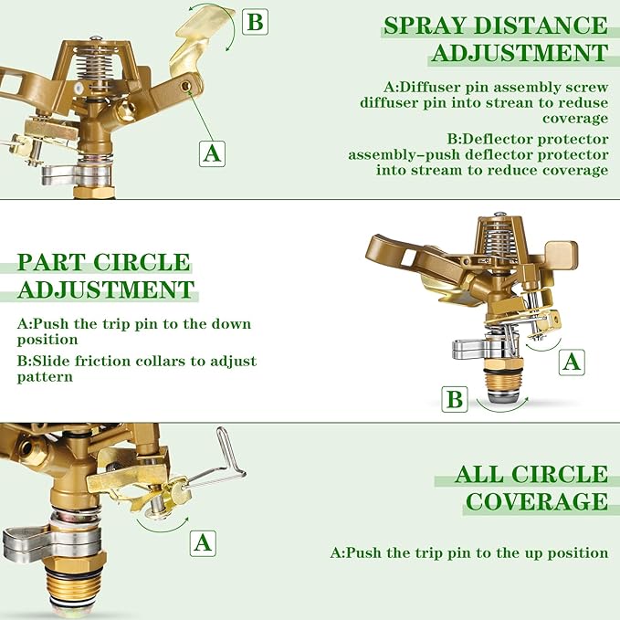 Ferraycle 30 Pieces 1/2 Inch Brass Impact Sprinkler Head with Nozzles Heavy Duty Adjustable 0-360 Degrees Impulse Sprinkler Head Lawn Watering for Yard Irrigation
