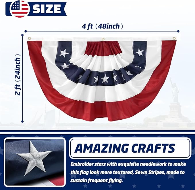 4Pack American Bunting Flags 2x4Ft USA Pleated Fan Flag 4th of July Patriotic Decorations Flag Embroidered Stars & Sewn Stripes Canvas Header Brass Grommets Decor Outside Porch Garden