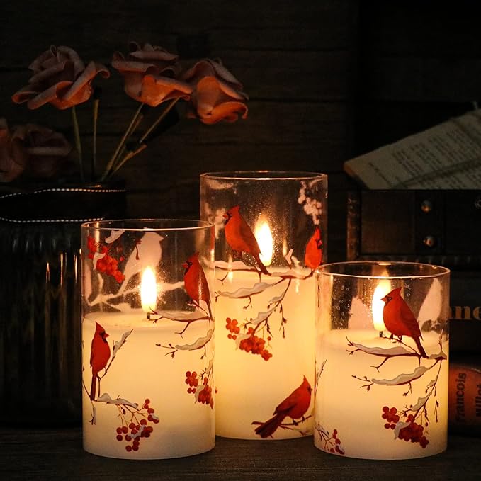 Red Bird Glass Battery Operated LED Flameless Candles with Remote Timer, Real Wax LED Candles Warm Color Flickering Light for Festival Wedding Home Party Decor(Pack of 3, 3”x4”5”6”)