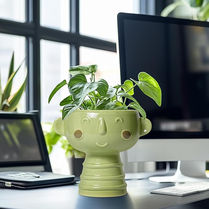 Face Planter Pots Head - 7 Inch Ceramic Succulent Plant Pots with Drainage Hole, Cute Head Planters for Indoor Outdoor Plants, Room Desk Office Decor, Plant Lover Gifts, Green