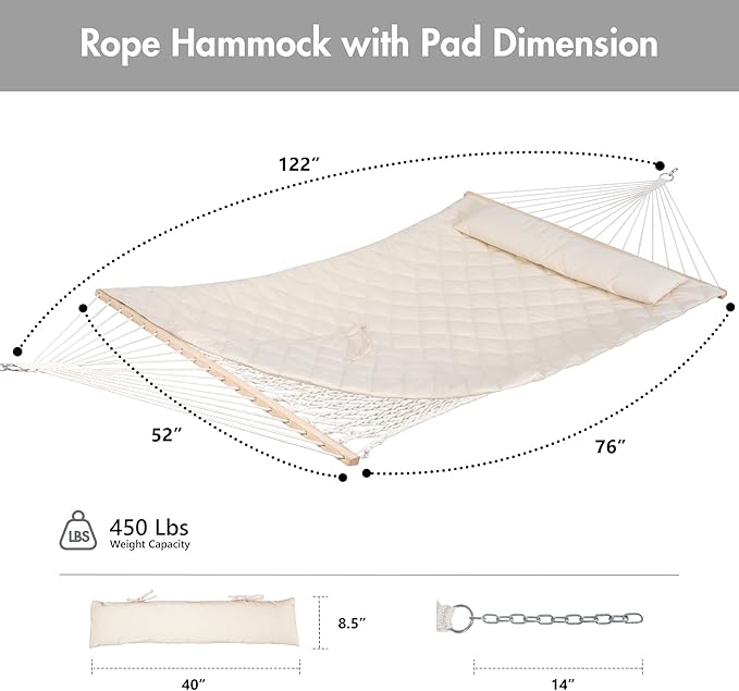 ANOW Outdoor Rope Hammock with Spreader Bars, Heavy Duty Hammock with Pad for Outdoors, 450 LBS Weight Capacity, Cream