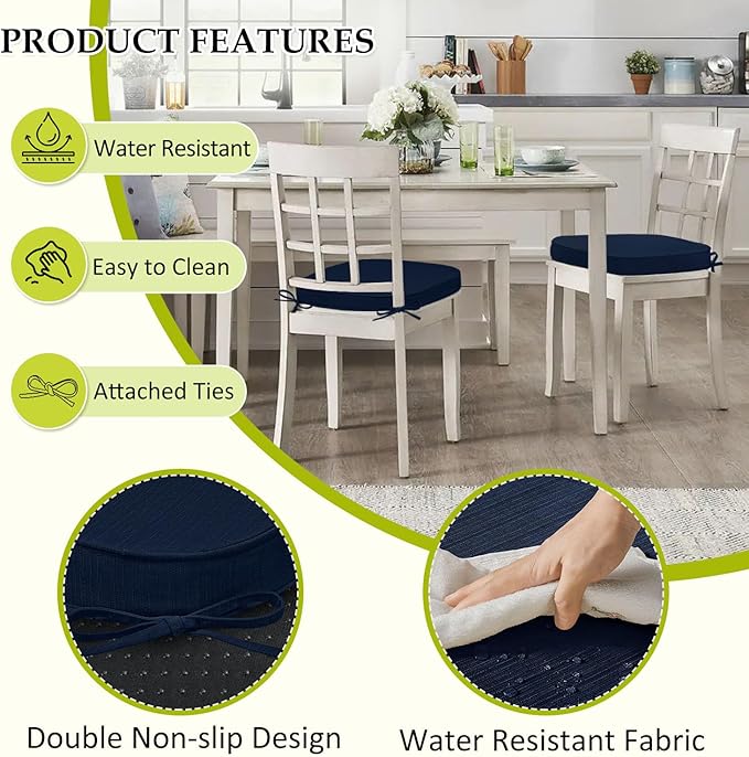 Chair Cushions for Dining Chairs, Indoor Chair Cushions with Ties，Waterproof Chair Pads Set of 4, Navy Blue, 17x16x2.5 Inch