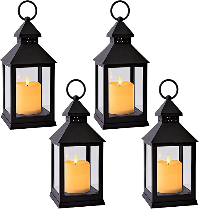 Vintage Lantern Decorative LED Flickering Flameless Candle with Timer, Battery Powered LED Decorative Hanging Lanterns for Indoor Outdoor Garden Yard Home Decor(4 Pack)