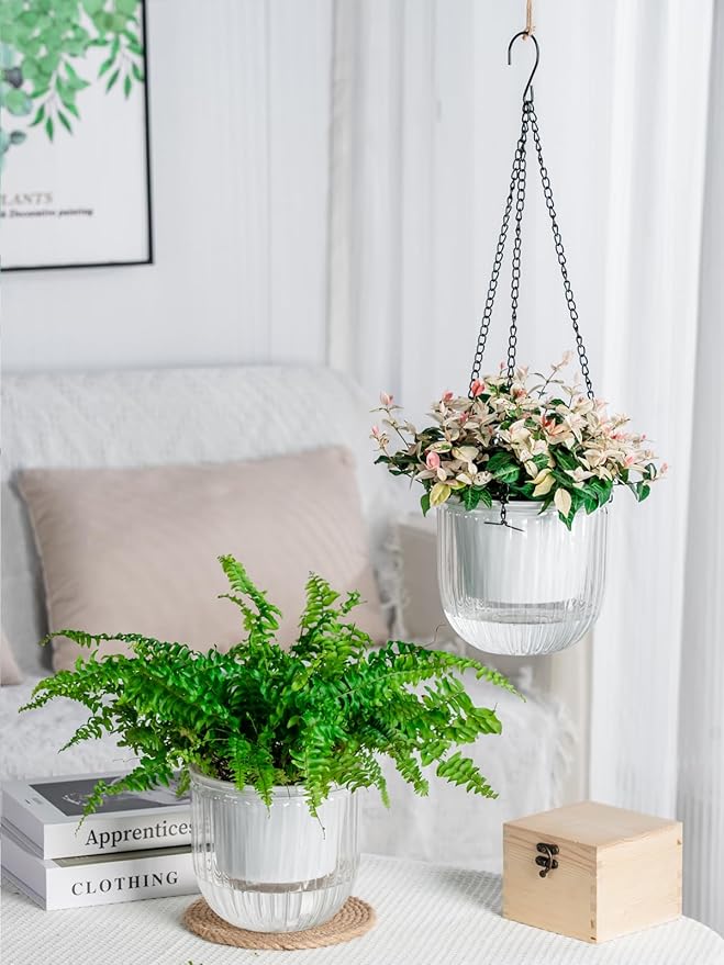 6.5 Inch 2 Pcs Self Watering Hanging Planter Indoor Plant Pots Drainage Holes, Outdoor Hanging Planters Flower Pot Basket, Visible Water Level, Plant Hanger Home Decor, Gardening
