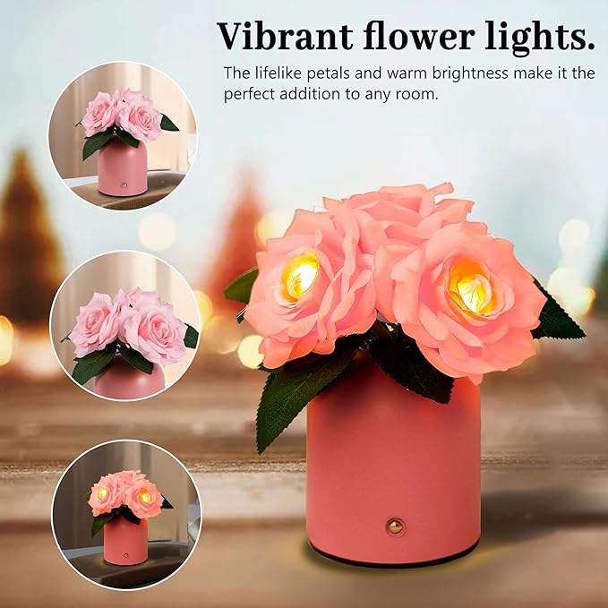 Pink Rose Lamp, Christmas Birthday Valentines Day Gifts for Women Wife Mom Girlfriend Daughter, Rechargeable Cordless Touch Table Lamp, Bedroom Bar Coffee Shop Decor Night Light