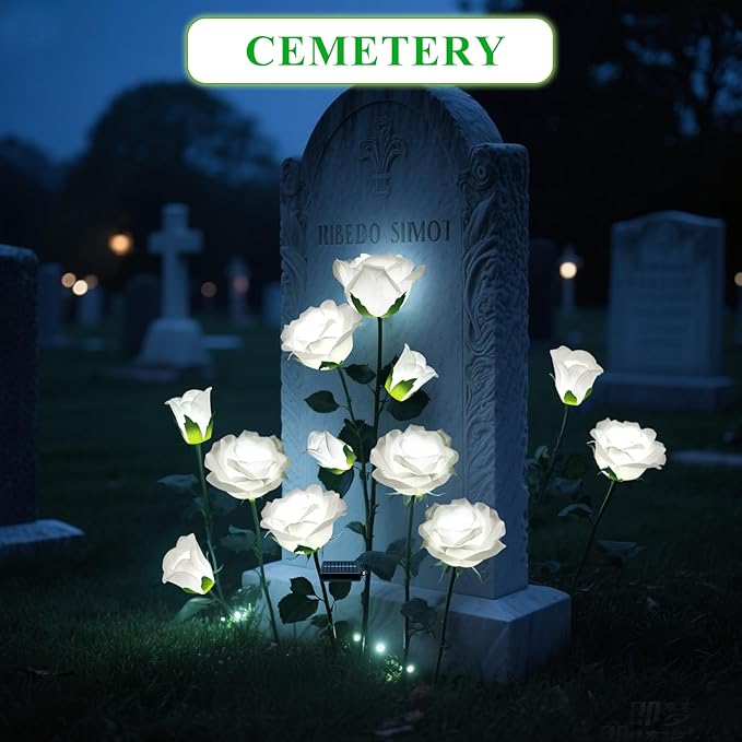 DWH 1 Pack Solar Garden Lights Outdoor, 7-Flower Rose Solar Lights for Yard, LED Solar Powered Stake Lights for Patio Pathway Lawn Fence Cemetery, White