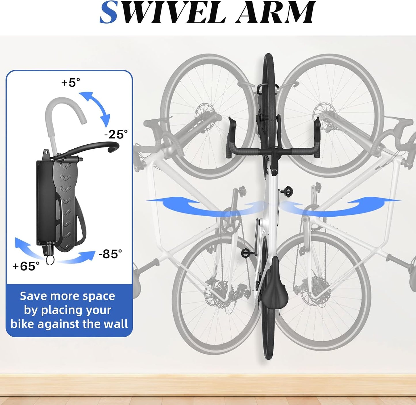Goovilla Swivel Bike Wall Mount 1 Pack, Space Saving Bike Hangers for Garage with Screw and Easy Installation, Metal Vertical Bike Rack Wall Mount Holds up to 66.2lbs with No-scratch Protection, Black