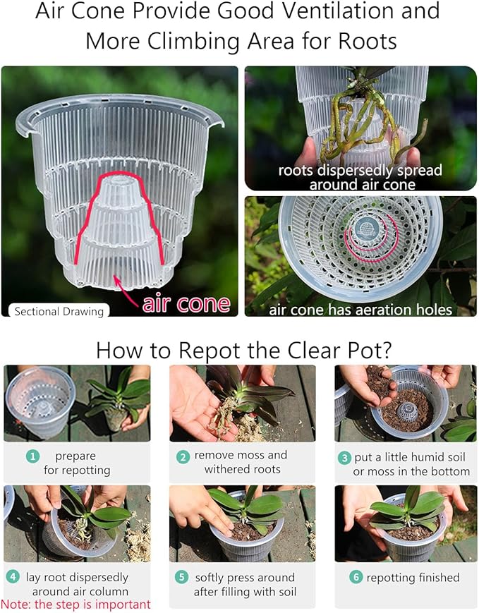 6 inch Orchid Pots with Holes for Repotting with Excellent Airflow, Set of 2, Double Layer Plastic Imitate Ceramic Orchid Planter, Clear Orchid Pot Match Decorative Orchid Container