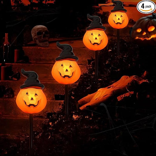 4 Pack Halloween Pumpkin Witch Hat Pathway Lights –7Ft LED Outdoor Halloween Decorations, Waterproof Halloween Garden Stake Lights Perfect for Outdoor Pathway, Yard, Walkway, Lawn and Driveway Decor