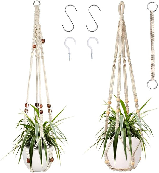Augshy Macrame Plant Hanger, 2Pcs Hanging Plant Holder with Extender Plant Hangers for Indoor Outdoor Decor Macrame Hanging Planter Basket with 4 Hooks
