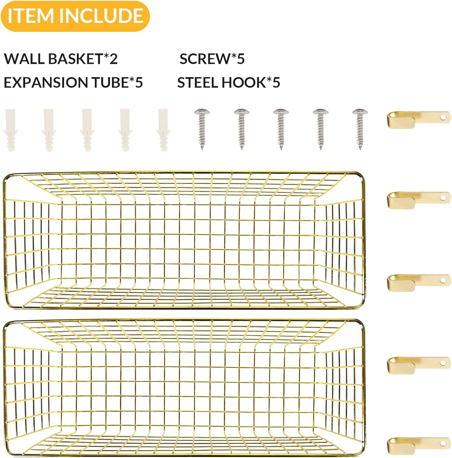 2 Sets Extra Large Hanging Wall Basket, Gold Metal Wire Baskets with Steel Hooks for Organizing, WallmountedFruit Vegetable Toy Snack Storage, Home Kitchen Bathroom Laundry Pantry Organizer