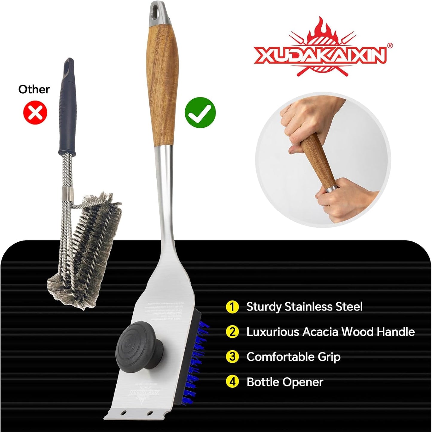 Grill Brush and Scraper, Dual Grip Design,Extra Strong BBQ Cleaner Accessories,Safe Nylon Bristles Barbecue Triple Scrubbers Cleaning Brush for Cast Iron Grates/Porcelain/Charcoal Grill