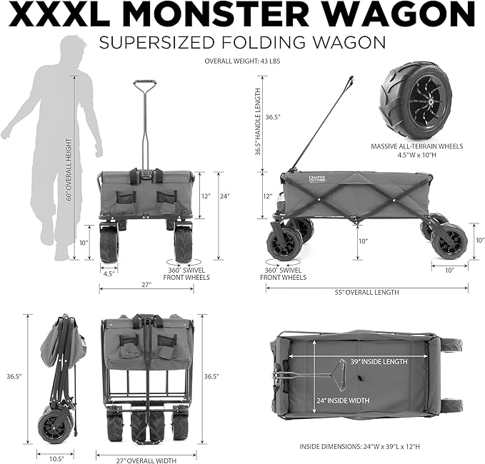 Creative Outdoor Wagon for Kids Push Pull Collapsible Stroller Giant All-Terrain Folding Cart | XXXL Monster Series Wagons | Outdoor Garden & Tailgate | Red