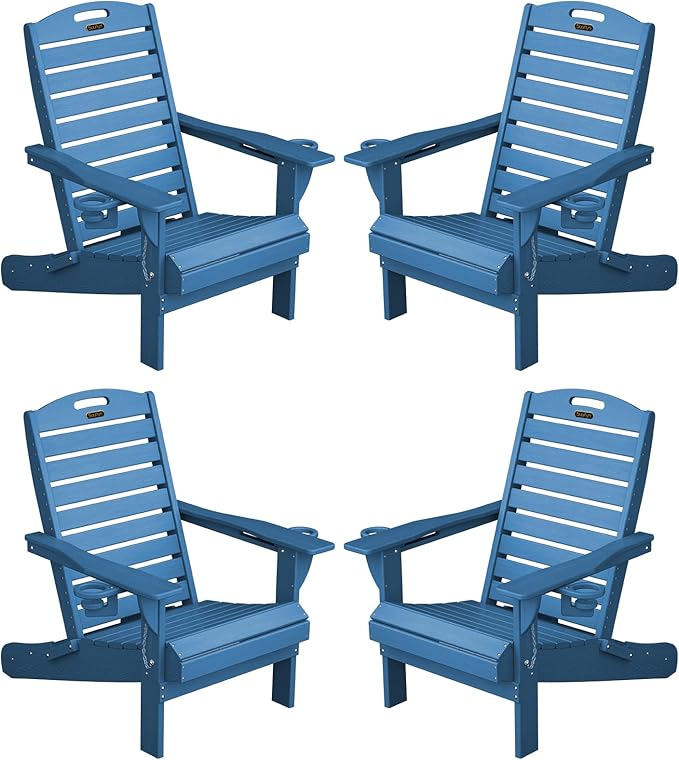 Adirondack Chairs Set of 4, Outdoor Fire Pit Chairs, HDPE All-Weather Adirondack Chairs with Cup Holder, Lawn Chair for Deck, Patio, Garden (NavyBlue)