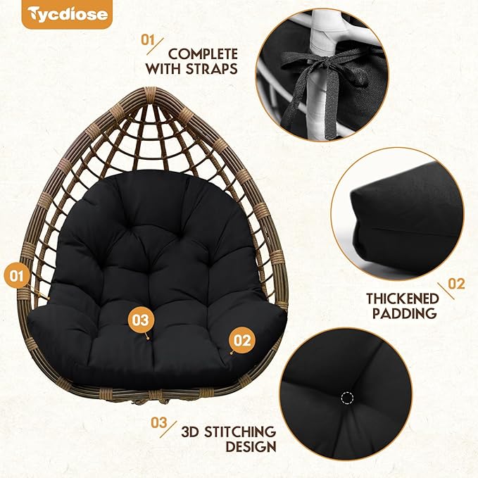 Egg Chair Cushion Replacement, Waterproof Outdoor Hanging Egg Chair Cushion Hammock Swing Chairs Cushions Pads, U-Shaped Thickened Cushions for Hanging Eggs Chairs, 47x33x7 Inches (Black)
