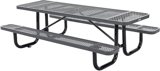 Global Industrial 8’L Rectangular Picnic Table, Expanded Metal, Gray Thermoplastic Coating, Attached Benches, 1-1/2” Umbrella Pole Hole, Outdoor-Rated, 1000 lb Capacity, 96” x 30” Tabletop
