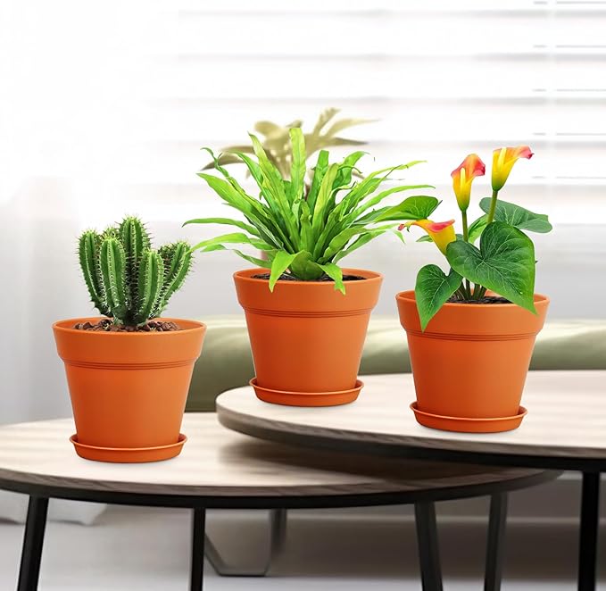 6 inch Small Plastic Nursery Pots, Seedling Pots, 16 Pack Plant Pots for Indoor Outdoor Plants, Flower Pots with Drainage Holes and Saucers, Decorative Planters for House Plants, Terracotta
