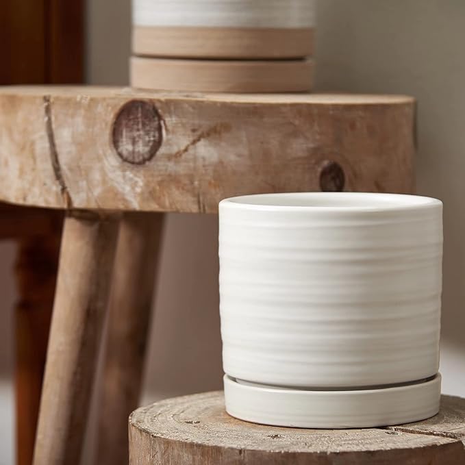 6 Inch Plant Pots, Ceramic Planter Pot with Drainage Hole & Saucer, Indoor/Outdoor Cylinder Round Planter Pot, Matte White