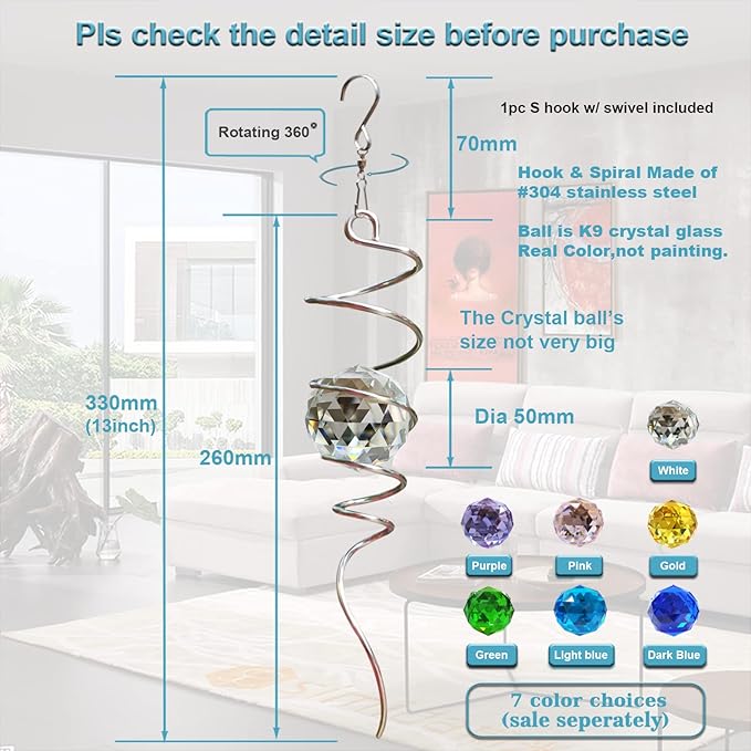 FONMY Gazing Ball Spiral Tail -Decorative Wind Spinner Sun Catcher 11 inch Tail and 2 inch Clear Crystal Orb. Indoor Outdoor Garden Decoration -13 inch Height