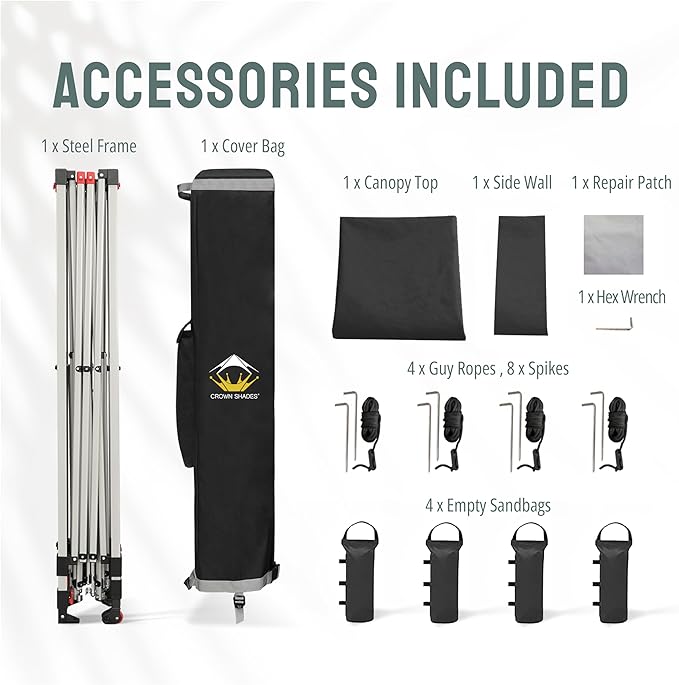 CROWN SHADES 12x12 Pop Up Canopy Tent Instant Commercial with 150D Silver Coated Fabric Including 1 Removable Sidewall, 4 Ropes, 8 Stakes, Weight Bags, STO 'N Go Bag, Black