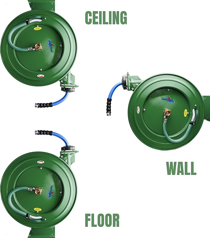 Auto Retractable Water Hose Reel with Hot & Cold Water Rubber Garden Hose, Spray Nozzle - Ultra Light, Super Strong with 6' Lead-in Hose (5/8” x 50’ Green)