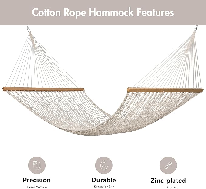 ANOW Rope Hammock Double Hammock with Hardwood Spreader Bar and Carrying Bag, 450 LBS Weight Capacity for Two Person, Natural