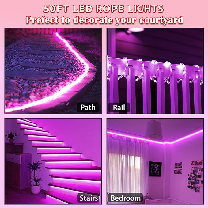 50Ft 600 LED Rope Lights Outdoor, Pink Flexible Tube Light Waterproof Plug in 8 Modes Timer Memory, Permanent String Lights for Tree,Pool, Bedroom, Fence, Garden, Indoor, Outside Decorations