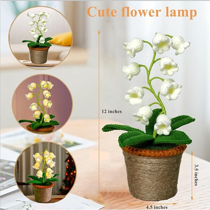 Lily of The Valley Lamp, Crochet Artificial Flower with 10 Little Night Lights, Cute Gifts for Women Wife Girlfriend Birthday Christmas Valentine Mother's Day -Large