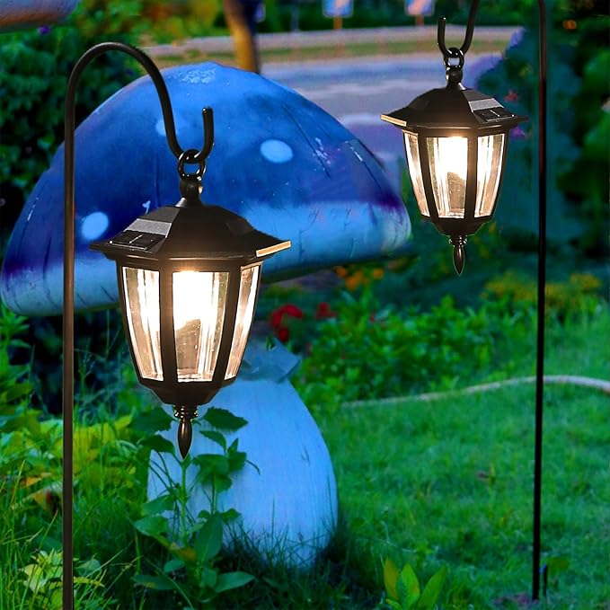Dynaming 2 Pack Solar Hanging Lights Outdoor, Solar Powered Garden Decorative Lanterns with 2 x 38 Inch Shepherd Hooks, Waterproof Landscape Lighting for Lawn Patio Yard Pathway Driveway, Warm White