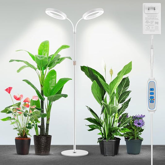 Garpsen Grow Lights for Indoor Plants, Dual-Head Full Spectrum LED Plant Light with Stand, 3 Color Modes Grow Lamp with Timer 6/12/16H, 5 Dimmable Levels, 168 LEDs and 67''Height Adjustable(White)