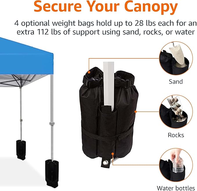 Amazon Basics Outdoor Pop Up 10 x 10 Canopy Tent for Events, Portable with Easy Setup, Includes Wheeled Carry Bag, 8 Pegs, 4 Ropes, 4 Weighted Bags, Blue