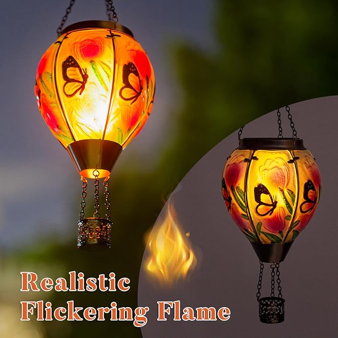 Butterfly Flower Solar Hot Air Balloon Lantern with Flame, Glass Balloon Lantern Outdoor Waterproof Lights, Hanging Solar Lights for Outside Garden Patio Porch Tree Yard Gift for Mom