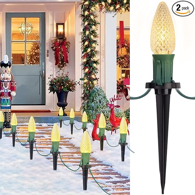 C9 Christmas Pathway Lights Outdoor, 25.7 Feet 20 LED C9 Strawberry Walkway Lights with Marker Stakes, Connectable Shatterproof C9 String Lights for Lane Outside Yard Decorations, Warm White, 2 Pack