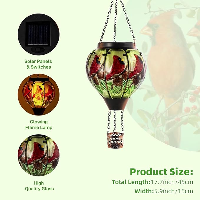 Cardinal Solar Hot Air Balloon Lantern with Flame, Glass Hot Air Balloon Solar Lantern Outdoor Waterproof, Hanging Hot Air Balloon Solar Light, Cardinal Gifts for Mom Woman Christmas