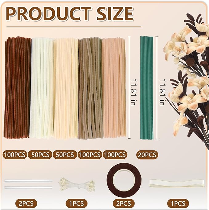 400 Pcs Pipe Cleaners Craft,5 Assorted Colors Pipe Cleaners Bulk, Chenille Stems for DIY Flower Making Kit with Floral Wires, Gardening Tape,Stamen& Ribbon (Brown)