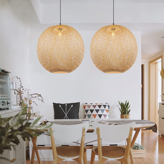 Arturesthome Natural Bamboo Pendant Lamp, Round Hanging Ceiling Light Wicker Chandelier, Hand-Woven Boho Basket Lampshade for Kitchen Island Living Room