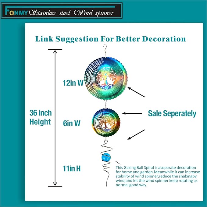 FONMY Stainless Steel Wind Spinner Worth Gift Indoor Outdoor Garden Decoration Crafts Ornaments,6 Inch Multi Color Tree of Life Wind Spinners