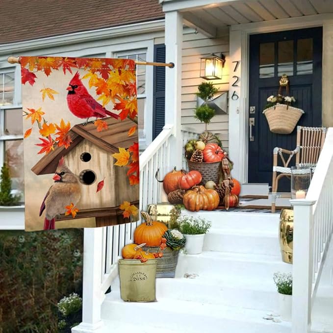 BLKWHT Fall Cardinal Bird House Flag 28x40 Vertical Double Sided Maple Leaves Welcome Autumn Thanksgiving Holiday Outside Decorations Burlap Yard Flag BW829-40