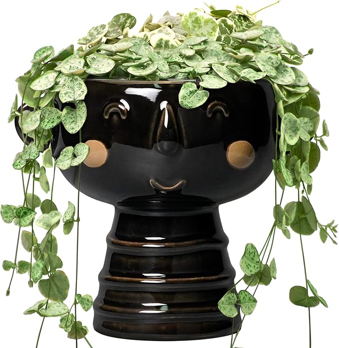 Face Planter - 7 Inch Ceramic Head Planters for Indoor Plants Outdoor, Cute Succulent Pots with Drainage Hole, Decorative Plant Pot, Home Office Room Decor, Black